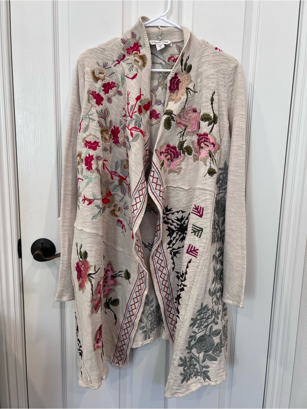 Coldwater Creek Cream Open-Front Cardigan with Pink & Green Floral Embroidery